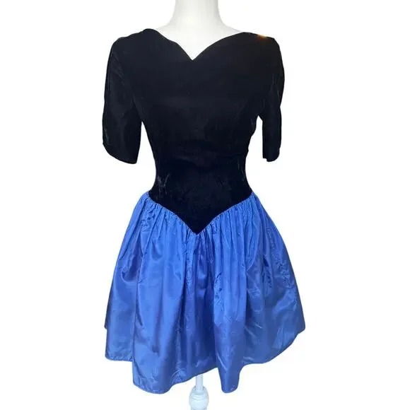 Vtg Jessica McClintock GUNNE SAX Black Velvet Blue Taffeta Party Dress Sz 5/6 - Picture 2 of 8